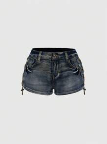 ROMWE Avant Spring/Summer Distressed Vintage Washed Metal Cross Detail Low Waist Mini Shorts - Blue - View 3
