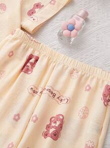 Conjunto de pijama con cardigan con cuello vuelto y estampado de osos para mujeres - Albaricoque - Ver 3