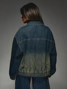 MISSGUIDED Oversized Ombre Bomber Denim Jacket Elastic Waist Fall Winter Fashion Streetwear Zip Up Urban Style Outerwear Casual Dark Base Utility Coat