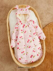 Cozy Pixies 1 chiếc túi ngủ trùm đầu dài tay in họa tiết quả anh đào ấm áp cho trẻ sơ sinh khi đi chơi, mùa thu - Hồng - Xem 3