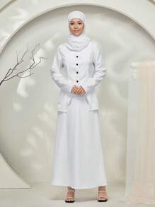 Graceveil Baju Kebaya 2pcs/Set Solid Color Button Front Long Sleeve Top And Skirt Casual Suit Modest