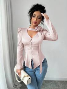 Calvaya Elegant Commuting Fitted Elastic Ruched High Collar Long Sleeve Blouse With Bowknot, Red, Autumn/Winter Women Shirt