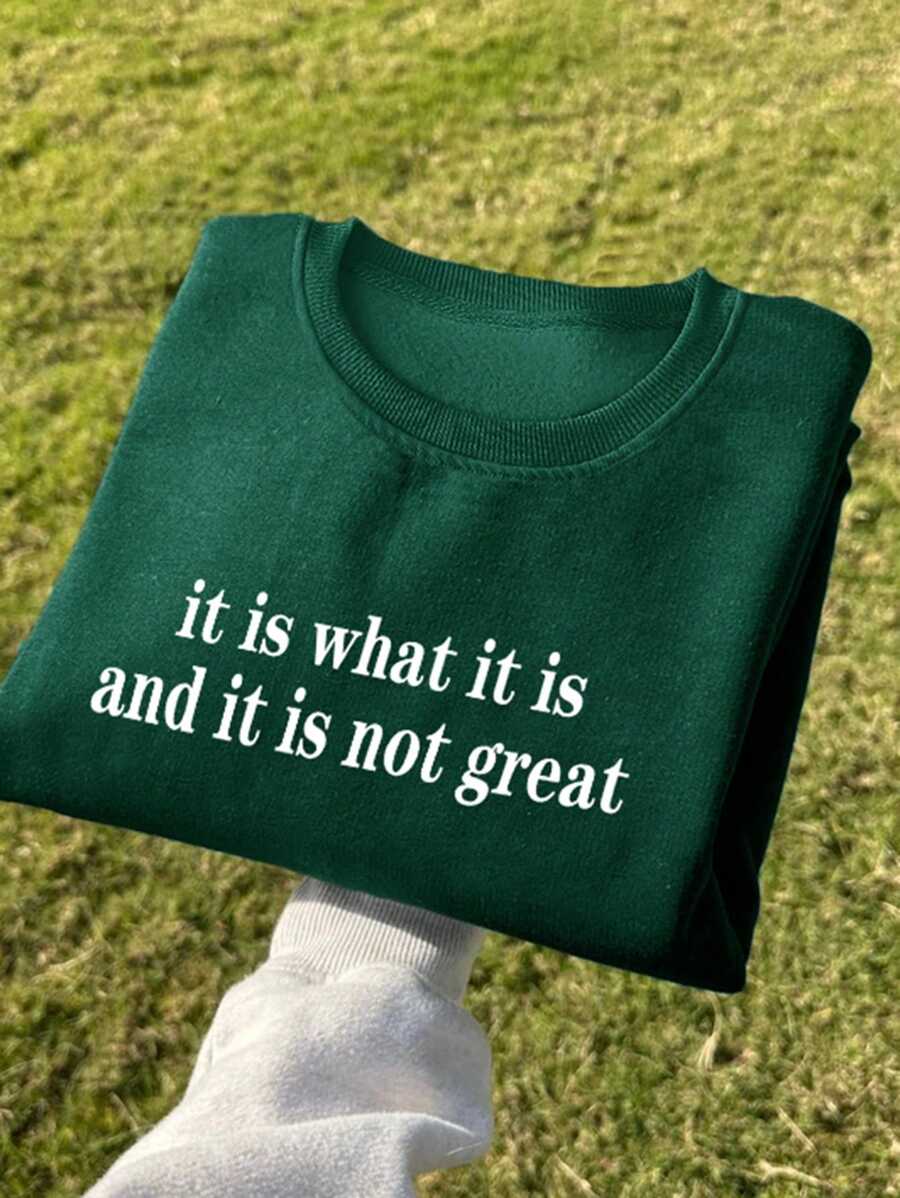 SHEIN EZwear Áo nỉ nữ cổ tròn in chữ, kiểu dáng thường ngày, thích hợp cho mùa thu. - Màu xanh lá cây đậm - Xem 1