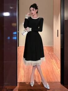 DAZY Mid-Length Color Block Ruffle Hem Dress For Women, Suitable For Dates Prom Dress,Fall Dress Elegant Women Dresses - Black - View 5