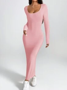 SHEIN PETITE Women's Solid Color Round Neck Long Sleeve Slim Fit Dress