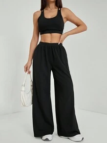 SHEIN PETITE 舒适人造丝阔腿休闲裤-黑色 - 黑色 - 查看 3