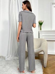 生菜色饰边上衣和裤子休闲套装 - 灰色 - 查看 2