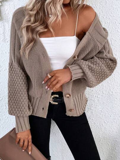Calvaya Raglan Sleeve Textured Knit Cardigan,Long Sleeve Tops Fall Winter Cloth For Women