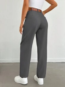 EURMUSE Women Solid Color Pleated Straight Loose Daily Casual Commuting Long Pants - Dark Grey - View 2