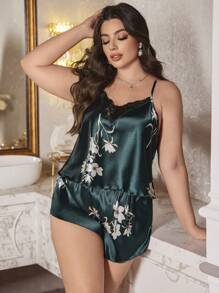 LuxeNights Plus Size Floral Print Contrast Lace Design Satin Pajama Set
