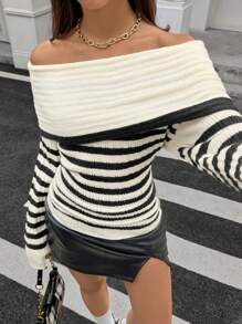 SHEIN Unity Women's Striped Foldover Off Shoulder Long Sleeve Knit Sweater Knit Pullover Fall Winter - Black and White - View 5