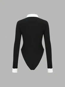 Flirla 黑白撞色翻领半襟拉链长袖修身衬衫，时尚简约女士街头服饰，秋季 - 黑色 - 查看 8