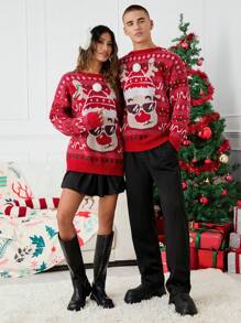 Manfinity VCAY Unisex Deer & Fawn Pattern Loose Raglan Crew Neck Pullover Sweater, Suitable For Christmas, For Fall Winter - Red - View 5