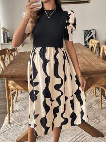 SHEIN Vestido de maternidad casual de mediados de pantorrilla con bloqueo de color, parches, cuello alto y manga corta para lactancia