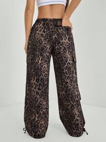 SHEIN PETITE 女士豹纹抽绳腰部降落伞工装裤 - 棕色 - 查看 2