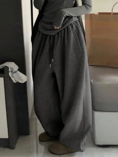 INAWLY Plus size blommig grå dragsko Elastisk midja med fickor, joggingbyxor med lösa ben