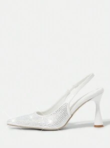 CUCCOO HITCHD Women's White Satin Crystal Embellished Pointy Toe High Heel Pumps, Elegant For Commute, Date, Wedding, Office & Formal Occasions - White - View 5