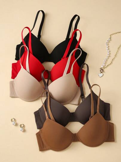 DesireSculpt 5 件装女士纯色可调节肩带简约休闲无钢圈胸罩