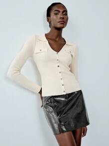 Chiquease 设计领针织长袖开衫上衣，收腰女式套头衫