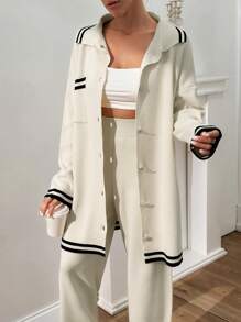 EURMUSE Women Stripe Pattern Pocket Detailed Front Button Cardigan & Sweater Pants Set - Beige - View 8