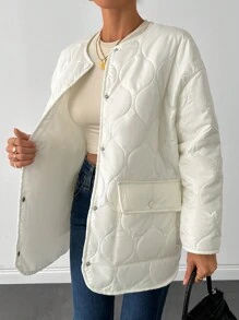 EURMUSE Women's Solid Color Pocket Round Neck Simple Fashionable Casual Daily Jacket, Winter - Cream - View 4