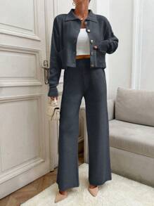 EURMUSE 2 件韩版马球领针织开衫套装，金属纽扣装饰，女士休闲 - 深灰色 - 查看 5