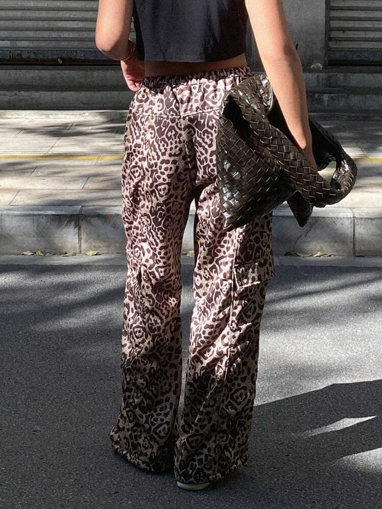 Women's Leopard Print Loose Wide Leg Pants, Elastic Waist Drawstring Pockets Cheetah Print Sweatpants