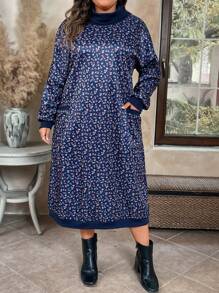 Vestido maxi para mujer de talla grande con cuello alto, estampado floral minúsculo y forro térmico - Multicolor - Ver 4
