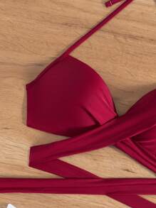 SHEIN Swim Summer Beach Leaf Print Bikini Set Tie Front Halter Bra & High Waisted Bottom 2 Pieces Bikini - Red and White - View 5