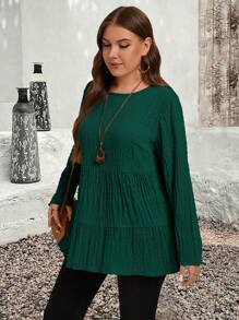 EMERY ROSE Plus Size Solid Color Round Neck Long Sleeve Pleated Minimalist Blouse, Casual Everyday Wear, Autumn&Winter Women Clothes - Dark Green - View 5