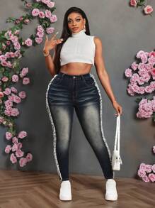 Slaydiva Plus Size Sexy Skinny Stretch Distressed Blue Jeans - Dark Wash - View 3