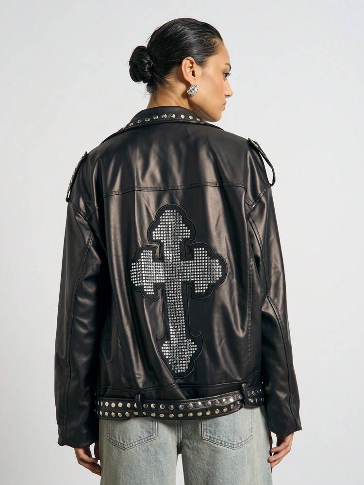 AiiRZ Studded Biker Motorcycle Crystal Cross Back Jacket Premium Fall Winter Rock Style Heavy Metal Punk Alternative Fashion Outerwear