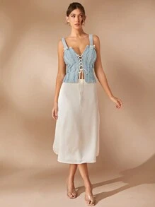 L'Amorae Textured Knit Bow Trim Lace Up Split Hem Top
