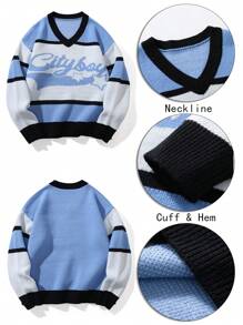 Manfinity Campus Court Áo len dài tay cổ tròn họa tiết kẻ sọc và chữ thường ngày cho nam, mùa thu/đông, đi chơi, bạn bè - Nhiều màu - Xem 5