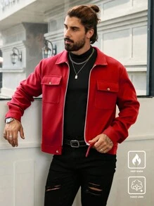 Manfinity Homme Men's Casual Solid Color Short Style Jacket, Autumn,Red Winter Men Jacket,Fall Men Clothes,Men's Long Sleeve Padded Coat