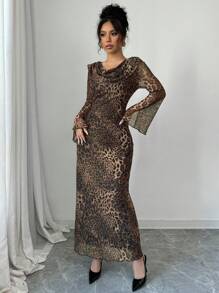 Modelyn Đầm Maxi Dài Cổ Vuông Phối Lưới Họa Tiết Da Báo Cho Nữ, Đầm Dạ Hội Dài Thu Đông - Cà phê - Xem 7