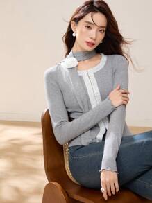 EastFlair Women Solid Color Splice Long Sleeve Casual Top