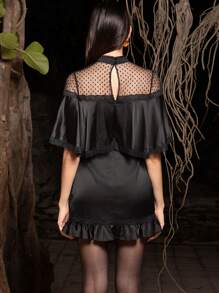 VERO DIAZ Designer Women's Elegant Black Satin Satin Polka Dot Mesh See-Through Stand Collar Ruffle Hem Mini Dress, Going Out, Festival, Wedding, Prom Dress - Black - View 3