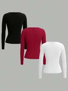 SHEIN EZwear 3pcs Plus Size Women Plain Color Knitted Button Half-Placket Long Sleeve Casual T-Shirts, Autumn/Winter