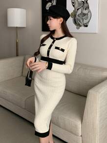 DAZY 双色圆领纽扣点缀女式长袖毛衣裙，秋季服装 - 米色 - 查看 7