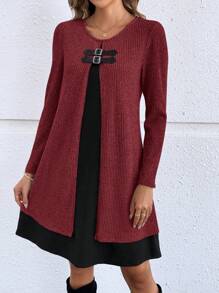 EMERY ROSE 女士纯色拼接长袖简约短款休闲连衣裙秋季女装酒红色开衫女冬连衣裙