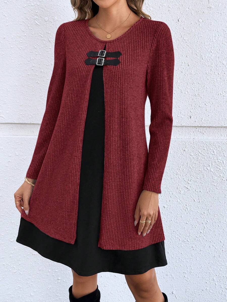 EMERY ROSE 女士纯色拼接长袖简约短款休闲连衣裙秋季女装酒红色开衫女冬连衣裙