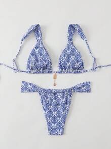 Swim Vcay Women's Summer Blue & White Porcelain Print Spaghetti Strap Metal Pendant Sexy Bikini Set - Blue and White - View 2