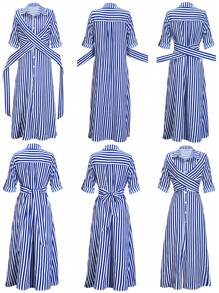 Pariaura 蓝白条纹法式扭纹前缩装饰中长袖女式夏季长裙配扣长款女装 - 藍色 - 查看 3