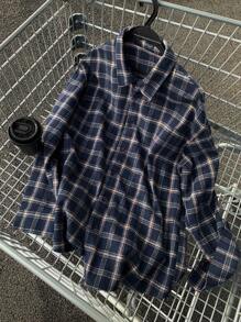 DAZY 复古格子女士休闲落肩长袖单排扣衬衫，秋季，法兰绒女士 - 藏蓝色 - 查看 9