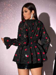 Viva Relle Blusa sencilla de manga larga con escote en V y estampado de corazón en tela jacquard, para tallas grandes, top con volantes para uso casual diario, San Valentín - Negro - Ver 6