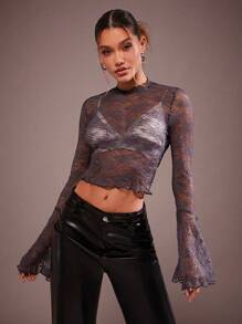 Hauture 优雅性感花朵蕾丝长喇叭袖生菜下摆假日部分上衣 - 藏蓝色 - 查看 3