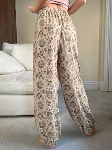 DAZY Floral Pattern Loose Fit Pajama Bottoms - Khaki - View 2