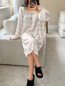 DAZY Animal Pattern Allover Print Satin Gather Collar Lantern Sleeve Loose Nightgown Pajama - Beige - View 5