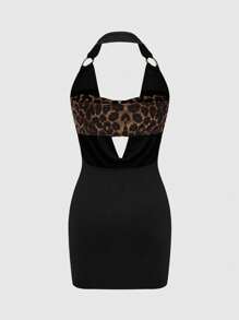 ROMWE Kawaii Conjunto a juego de top corto halter y falda con estampado de leopardo Y2K para mujer - Negro - Ver 2